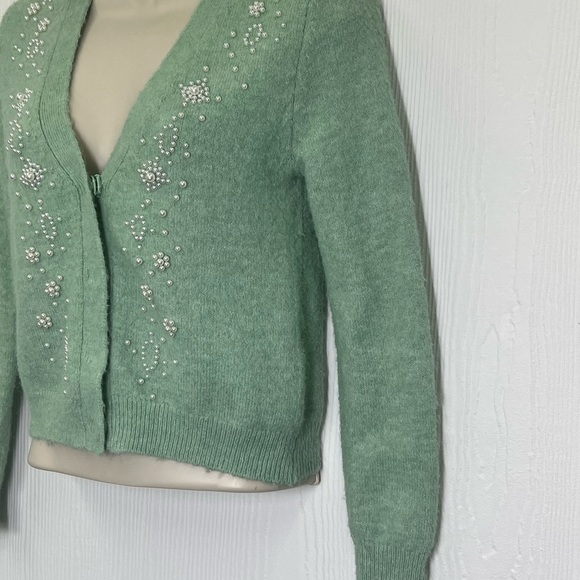 Zara - White Pearl Embellishment Mint Green Button Down Cardigan Size Small - Picture 6 of 10